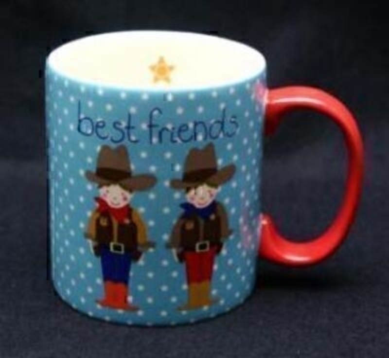 Blue and red ceramic cowboy mug with caption 'Best Friends'. A great gift for a boy to give to his best friend. - 8x9cm